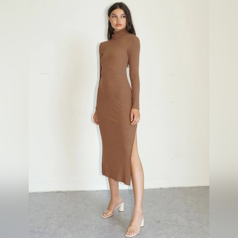 LNA Brown Ribbed Turtleneck Midi Dress In Bracken NWT